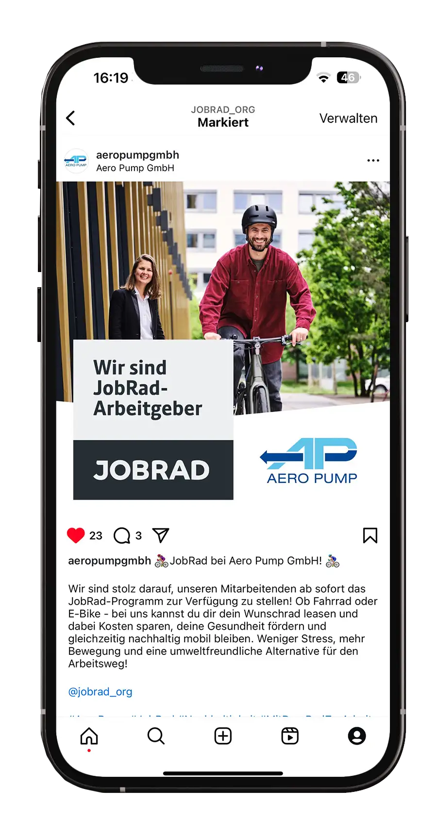 Beispiel JobRad Instagram-Post Aero Pump